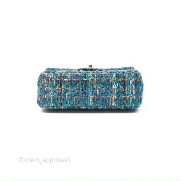 Chanel Mini Rectangular Flap Teal Tweed Gold Hardware on Sale