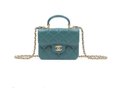 Chanel Mini Handle Clutch With Chain Green Lambskin Aged Gold Hardware For Cheap