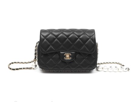 Chanel Logo Pearl Chain Flap Bag Black Lambskin Gold Hardware Cheap