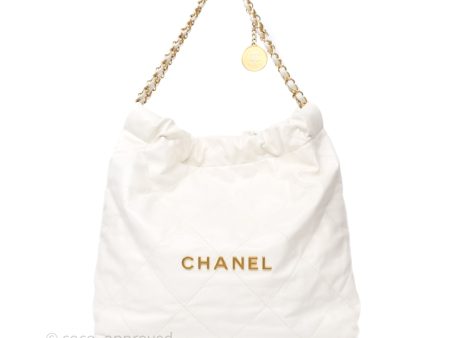 Chanel 22 Medium White Shiny Crumpled Calfskin Aged Gold Hardware For Discount