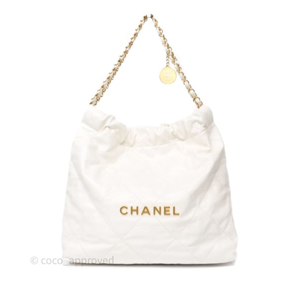 Chanel 22 Medium White Shiny Crumpled Calfskin Aged Gold Hardware For Discount