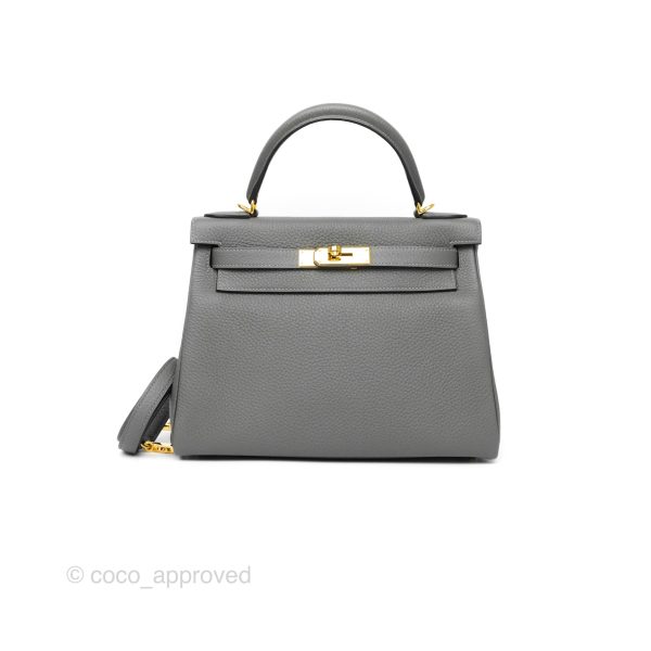 Hermès Kelly 28 Retourne Gris Meyer 0L Clemence Gold Hardware For Cheap