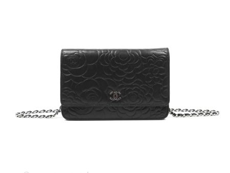 Chanel Camellia Embossed Wallet on Chain WOC Black Lambskin Silver Hardware For Discount