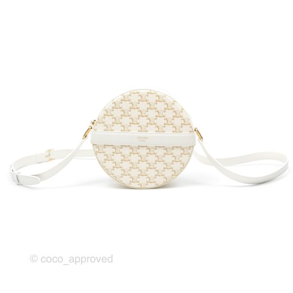 Celine Round Purse on Strap Triomphe Canvas White Calfskin For Sale