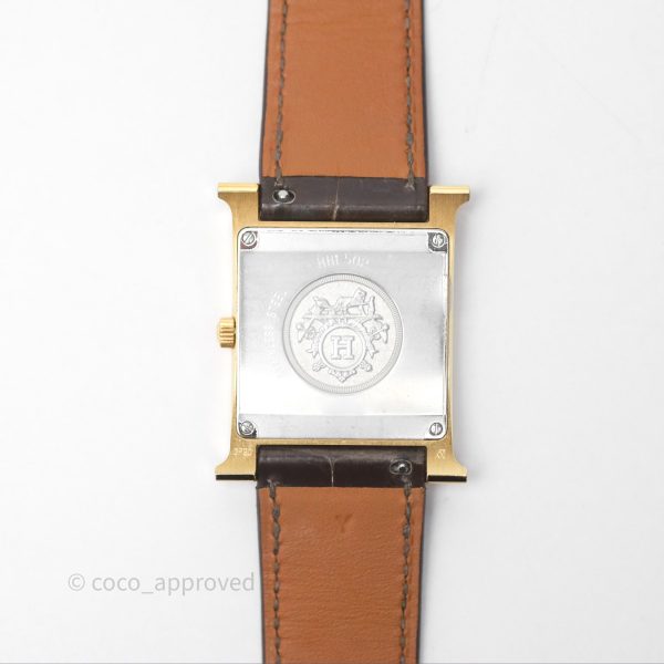 Hermès Heure H MM Watch Barenia Noir Alligator Gold Hardware For Sale