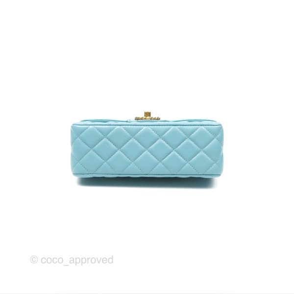 Chanel Flap Bag with Crystal Logo Top Handle Tiffany Blue Lambskin Aged Gold Hardware Supply