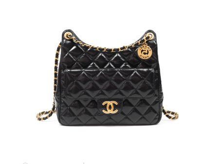 Chanel Medium Quilted Wavy CC Hobo Black Patent Aged Gold Hardware Sale