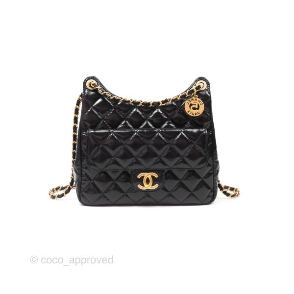 Chanel Medium Quilted Wavy CC Hobo Black Patent Aged Gold Hardware Sale