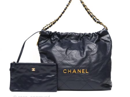 Chanel 22 Medium Navy Shiny Calfskin Aged Gold Hardware For Discount