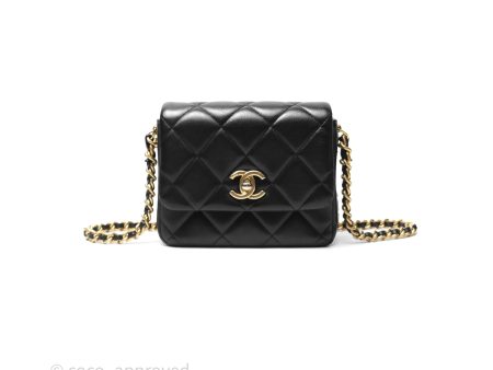 Chanel Logo Mini Square Flap Bag Black Lambskin Aged Gold Hardware 21B Online now