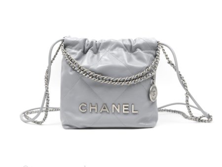 Chanel 22 Mini Bag Light Grey Shiny Crumpled Calfskin Matte Silver Hardware Online Sale