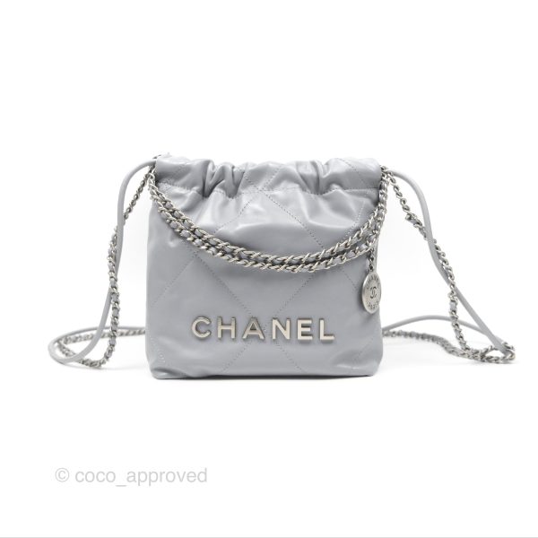 Chanel 22 Mini Bag Light Grey Shiny Crumpled Calfskin Matte Silver Hardware Online Sale