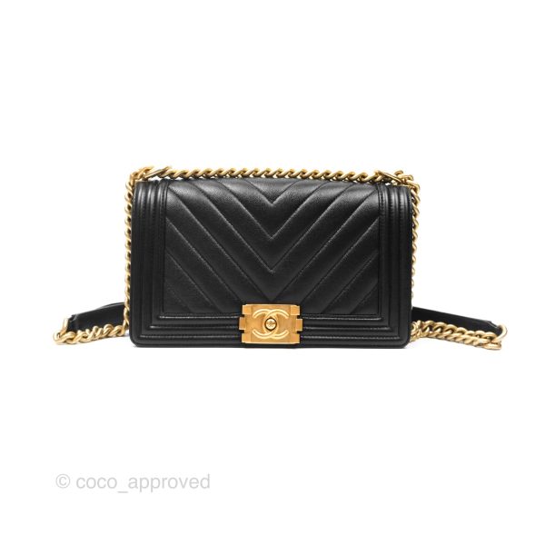 Chanel Medium Boy Chevron Black Caviar Aged Gold Hardware Online Sale