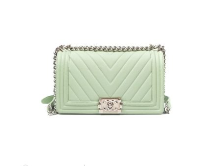 Chanel Medium Chevron Boy Mint Green Calfskin Silver Hardware on Sale