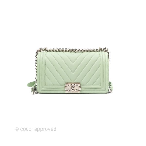 Chanel Medium Chevron Boy Mint Green Calfskin Silver Hardware on Sale