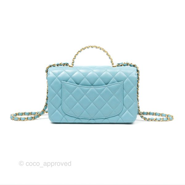 Chanel Flap Bag with Crystal Logo Top Handle Tiffany Blue Lambskin Aged Gold Hardware Supply