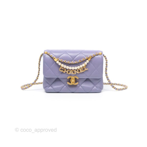 Chanel Crystal Pearl Chain Mini Flap Bag Purple Lambskin Aged Gold Hardware For Cheap