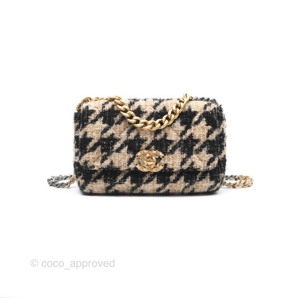 Chanel 19 Small Tweed Houndstooth Black Beige Mixed Hardware For Discount