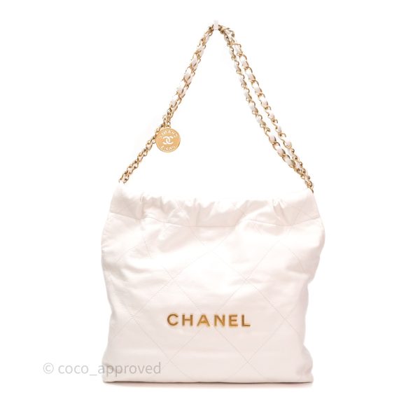 Chanel 22 Small White Shiny Calfskin Aged Gold Hardware Supply