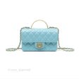 Chanel Flap Bag with Crystal Logo Top Handle Tiffany Blue Lambskin Aged Gold Hardware Supply