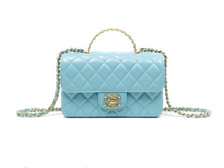 Chanel Flap Bag with Crystal Logo Top Handle Tiffany Blue Lambskin Aged Gold Hardware Supply