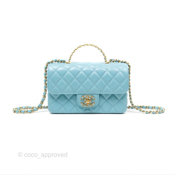 Chanel Flap Bag with Crystal Logo Top Handle Tiffany Blue Lambskin Aged Gold Hardware Supply