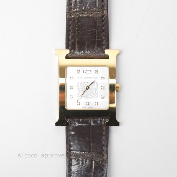 Hermès Heure H MM Watch Barenia Noir Alligator Gold Hardware For Sale