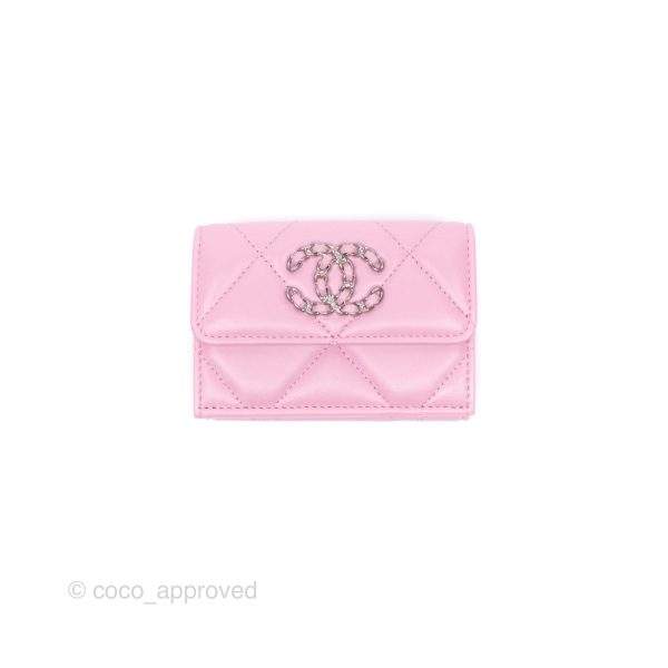 Chanel 19 Short Trifold Wallet Pink Lambskin Silver Hardware on Sale