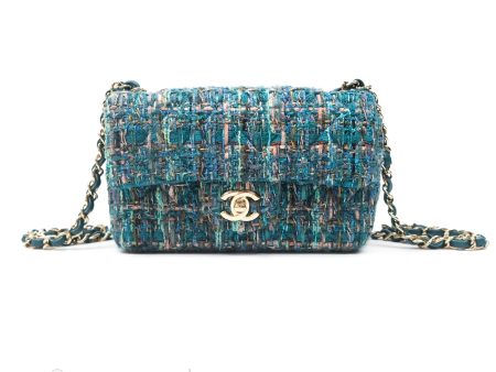 Chanel Mini Rectangular Flap Teal Tweed Gold Hardware on Sale