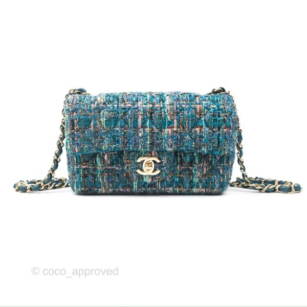 Chanel Mini Rectangular Flap Teal Tweed Gold Hardware on Sale