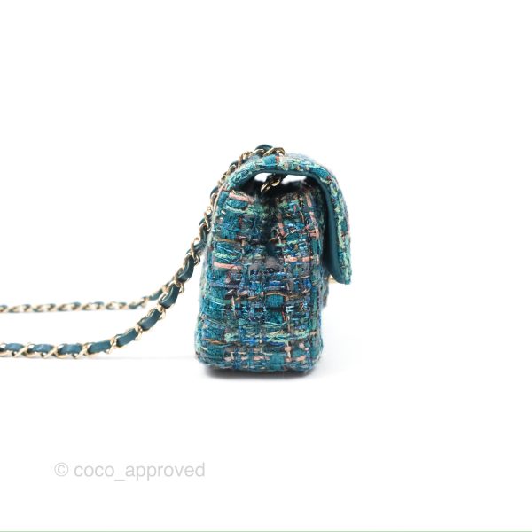 Chanel Mini Rectangular Flap Teal Tweed Gold Hardware on Sale