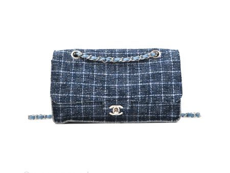 Chanel Flap Bag Tweed Blue Silver Hardware For Cheap