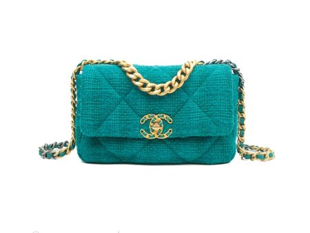 Chanel 19 Small Teal Green Tweed Mixed Hardware For Cheap