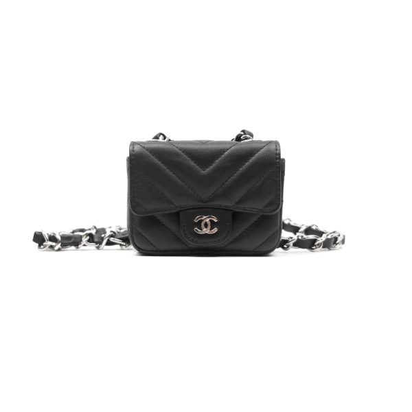 Chanel Mini Card Holder Chain Belt Bag Chevron Black Calfskin Silver Hardware Sale