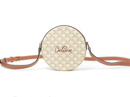 Celine Round Purse on Strap Triomphe Canvas White Tan Sale