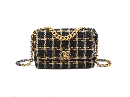 Chanel 19 Small Grid Black Beige Tweed Mixed Hardware Hot on Sale