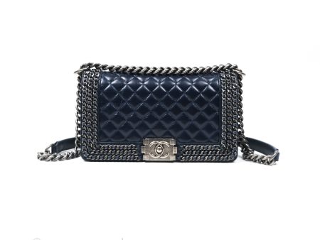 Chanel Medium Chain Edge Boy Quilted Navy Aged Glazed Calfskin Ruthenium Hardware For Sale