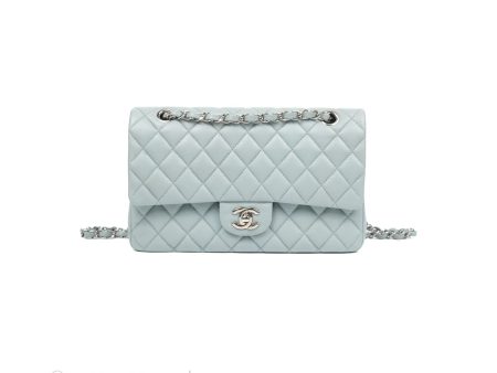 Chanel Classic M L Medium Flap Quilted Light Grey Blue Caviar Silver Hardware Online Hot Sale