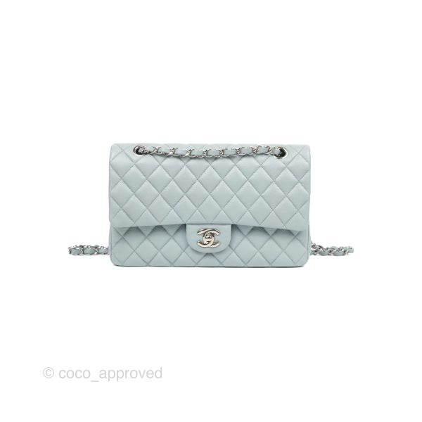 Chanel Classic M L Medium Flap Quilted Light Grey Blue Caviar Silver Hardware Online Hot Sale