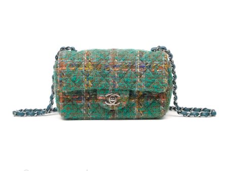 Chanel Mini Rectangular Flap Quilted Green Tweed Gun Metal 23A Fashion