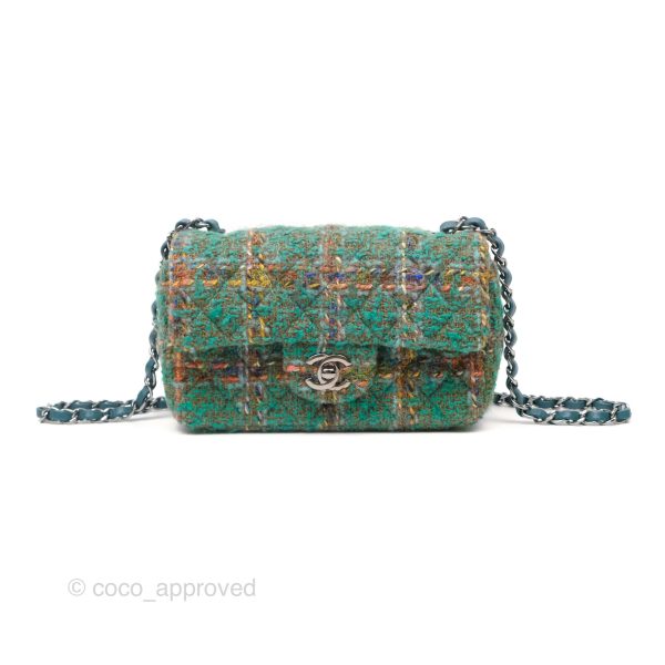 Chanel Mini Rectangular Flap Quilted Green Tweed Gun Metal 23A Fashion