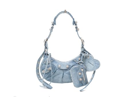 Balenciaga Small Le Cagole Shoulder Bag Blue Washed Denim with Rhinestones Hot on Sale