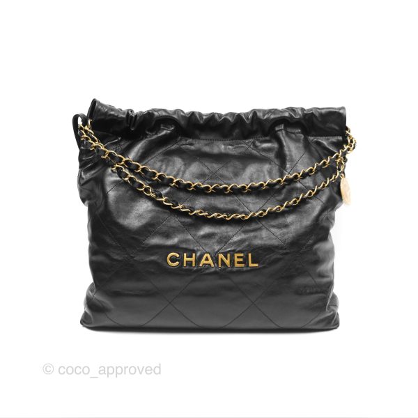 Chanel 22 Bag Medium Black Crumpled Calfskin Aged Gold Hardware Hot on Sale