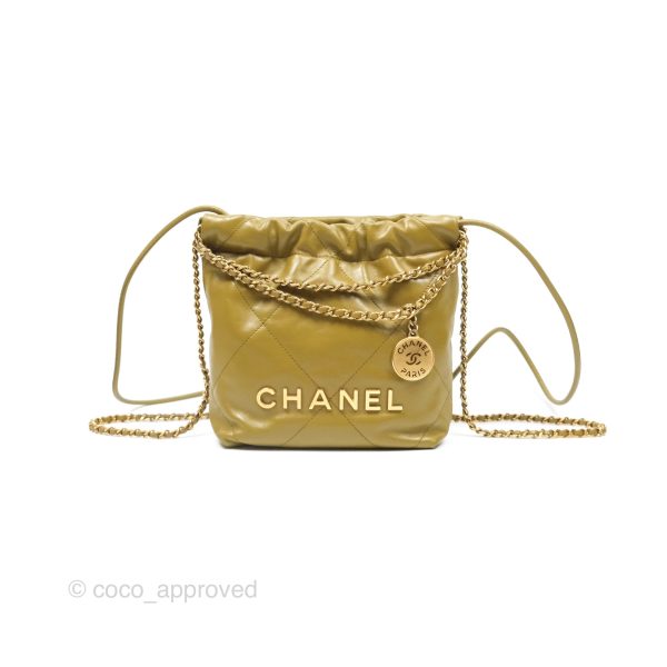 Chanel 22 Mini Bag Olive Shiny Crumpled Calfskin Aged Gold Hardware For Cheap