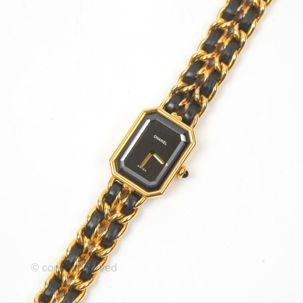 Chanel Vintage Première Watch Black Leather Gold Plated Size S For Sale