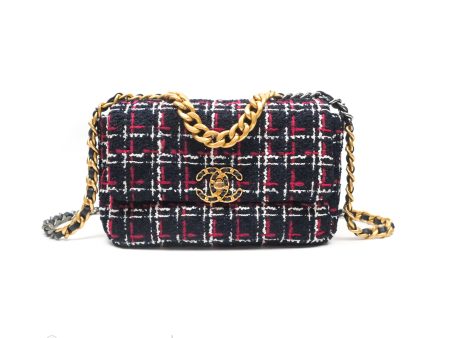 Chanel 19 Small Navy Grid Tweed Mixed Hardware For Cheap