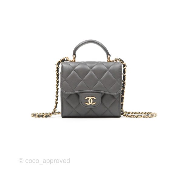 Chanel Mini Handle Clutch With Chain Grey Lambskin Gold Hardware Cheap