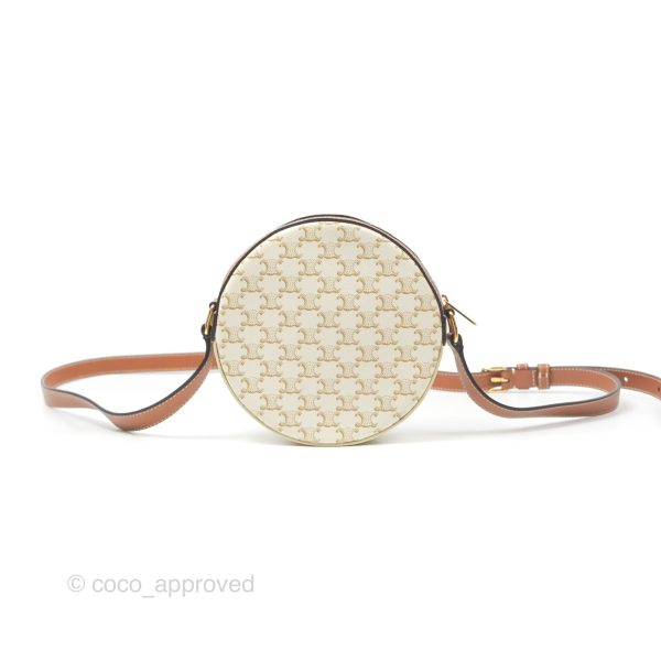 Celine Round Purse on Strap Triomphe Canvas White Tan Sale