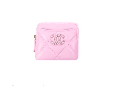 Chanel 19 Zipped Coin Purse Card Holder Pink Lambskin Hot on Sale