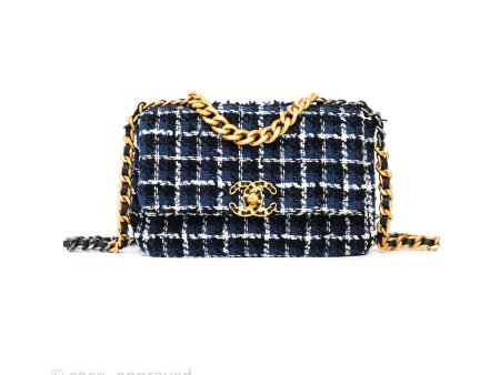 Chanel 19 Small Blue White Black Grid Tweed Mixed Hardware Cheap